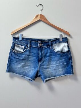 ELSE Boyfriend Blue Jean Shorts Striped Pockets Frayed Hem Midrise Women’s 28
